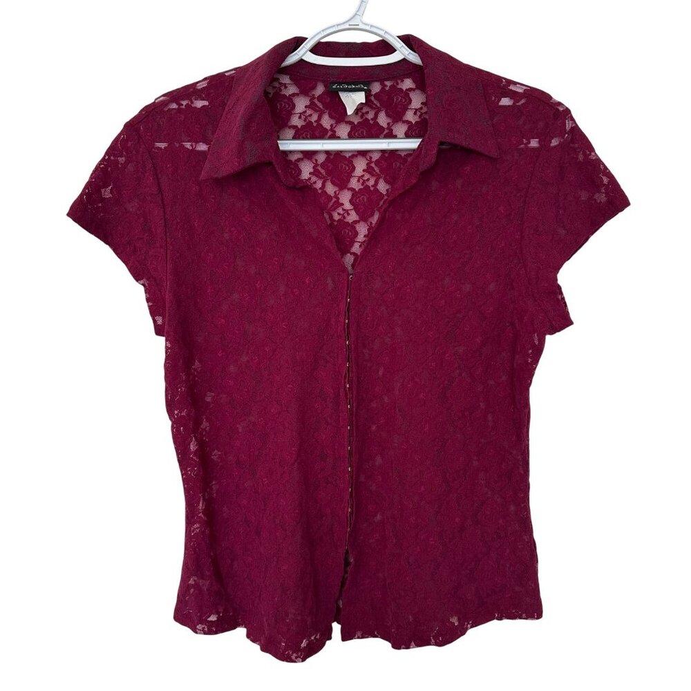 JKLA Y2K Vintage Sheer Lace Top Size XL Burgundy Witchy Whimsigoth Collared
